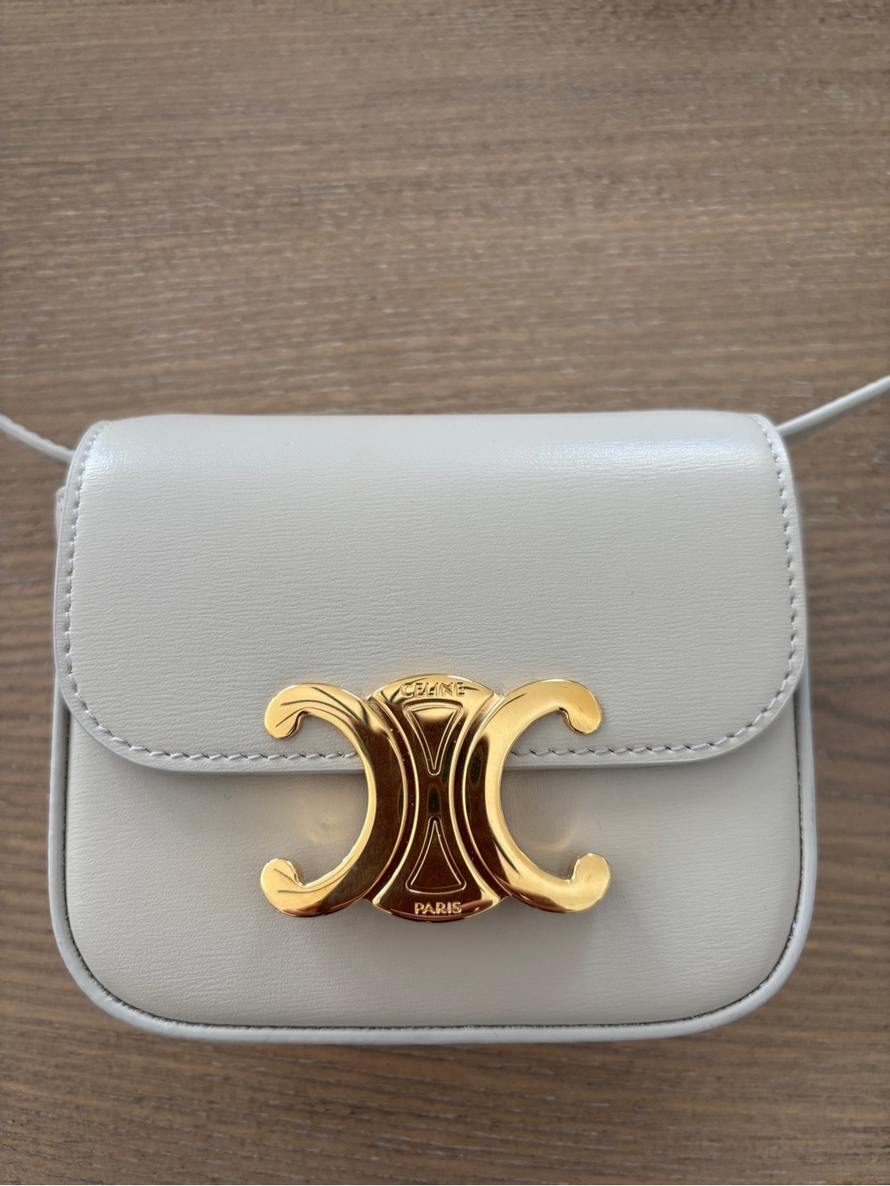 Celine Mini Triomphe Crossbody Bag in Light Gray with Gold Hardware